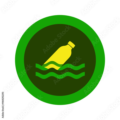Plastic bottle floating in waves on a green circular background