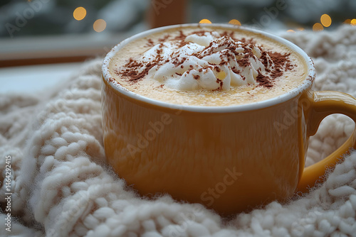Obraz na płótnie Cozy Winter Scene with Hot Chocolate in a Warm Knit Setting for Seasonal Comfort w salonie