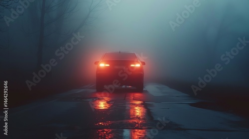 A car drives through a foggy forest at night. The only light comes from the car's headlights and taillights, which reflect off the wet road.