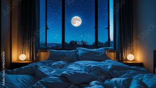 A luxurious hotel bedroom interior at night features a comfortable bed with soft pillows, illuminated by a warm lamp, inviting a peaceful sleep