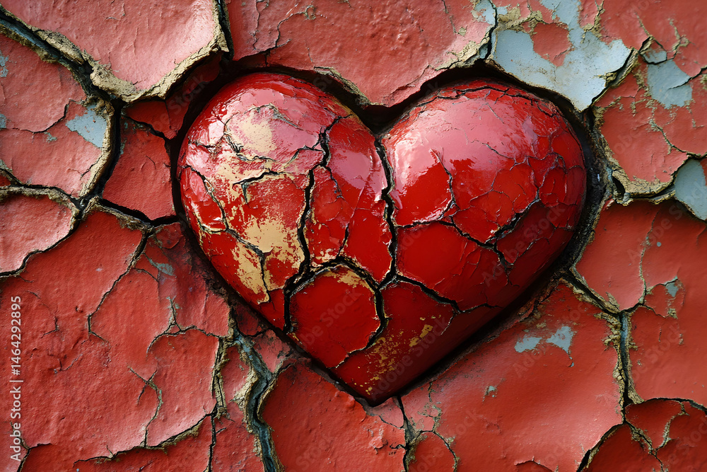 Cracked Red Heart in Weathered Paint - Symbol of Love and Resilience