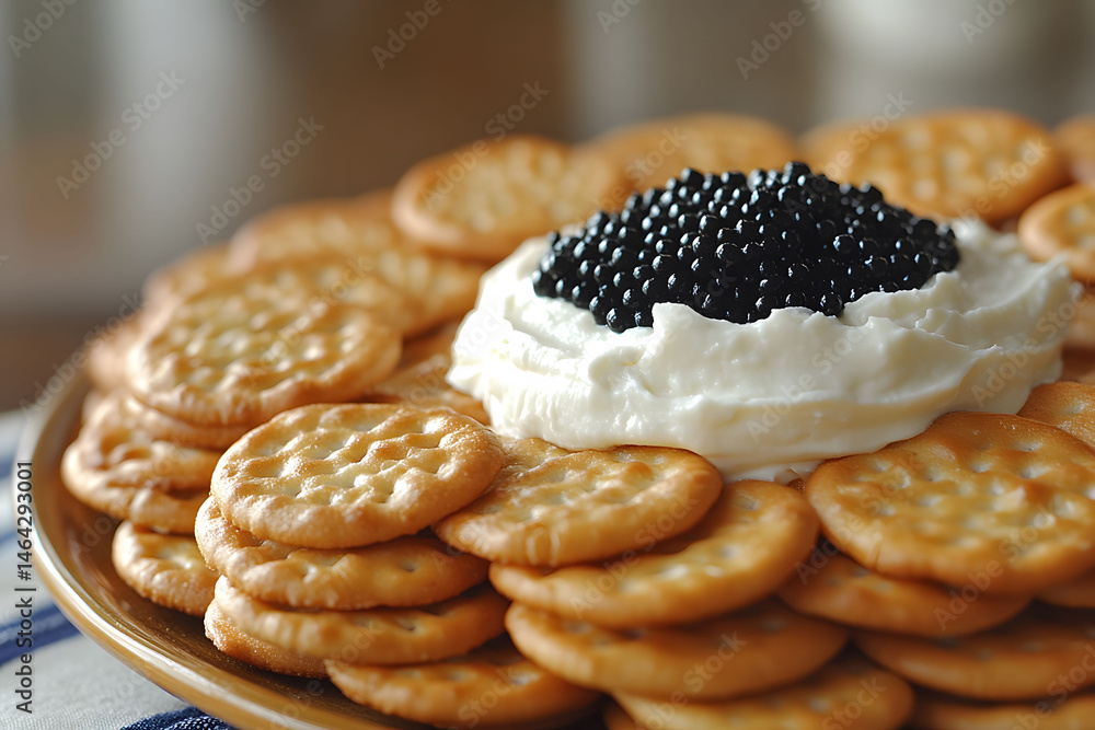 Gourmet Food Presentation with Crackers, Cream Cheese, and Black Caviar for Elegant Dining