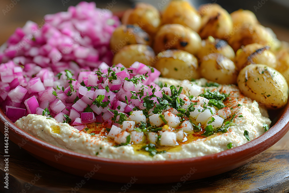 Delicious Mediterranean Spread with Hummus, Grilled Potatoes, and Fresh Vegetables for Culinary Inspiration