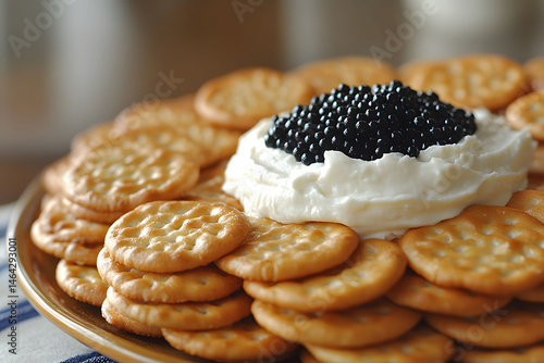 Gourmet Food Presentation with Crackers, Cream Cheese, and Black Caviar for Elegant Dining