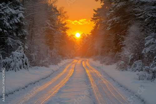 Winter Sunrise on Snowy Forest Road: Tranquil Nature Scene for Seasonal Design