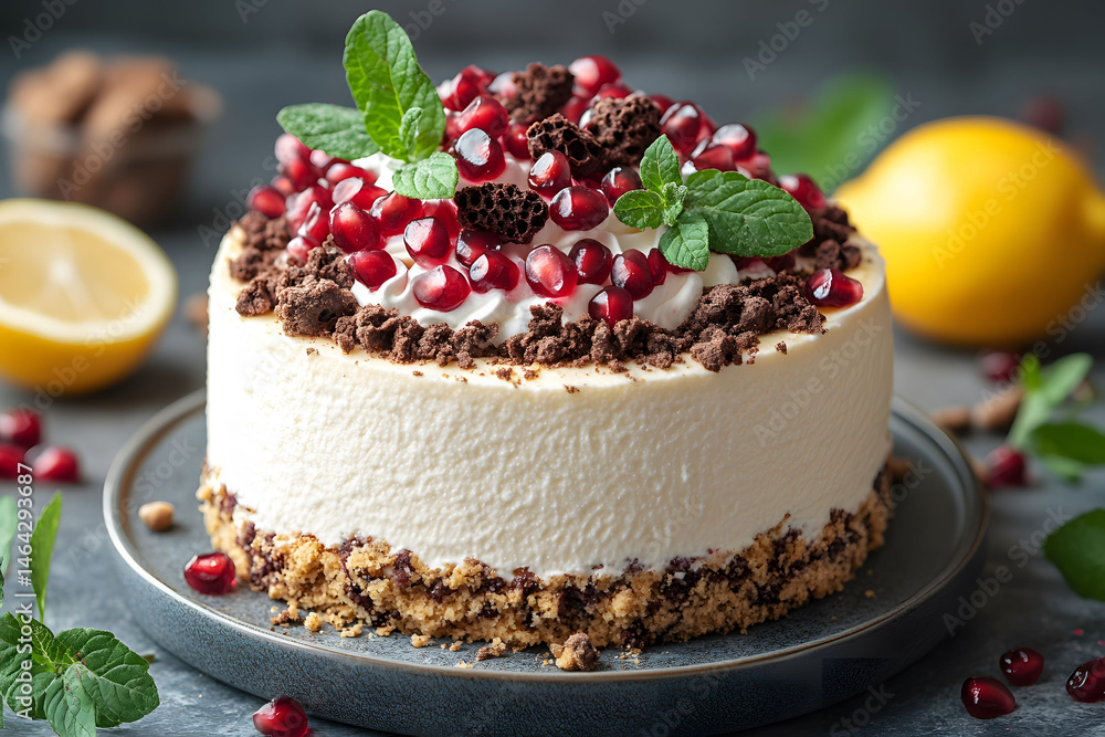 Decadent Pomegranate Cheesecake with Mint and Chocolate Crumble for Luxurious Desserts