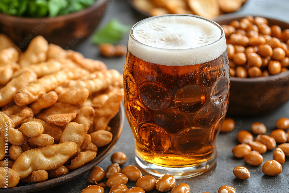 Refreshing Beer in a Textured Glass with Savory Snacks for a Relaxing Evening