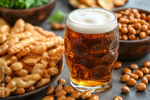 Obraz na płótnie Refreshing Beer in a Textured Glass with Savory Snacks for a Relaxing Evening w salonie