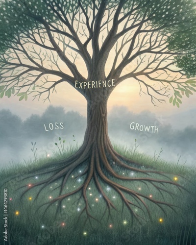 A tree with roots intertwined with words like experience loss and growth representing how memories anchor individual identity nurturing both strength and complexity.