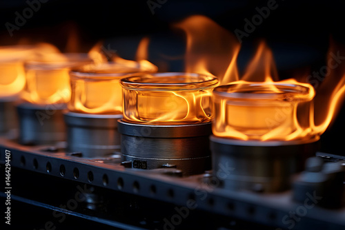 Obraz na płótnie Industrial Glass Manufacturing Process with Fiery Thermal Tempering for Product Durability w salonie