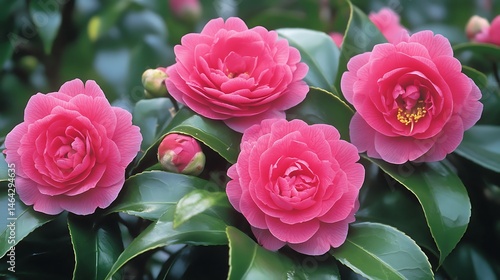 Close-up view of vibrant pink camellia blossoms.