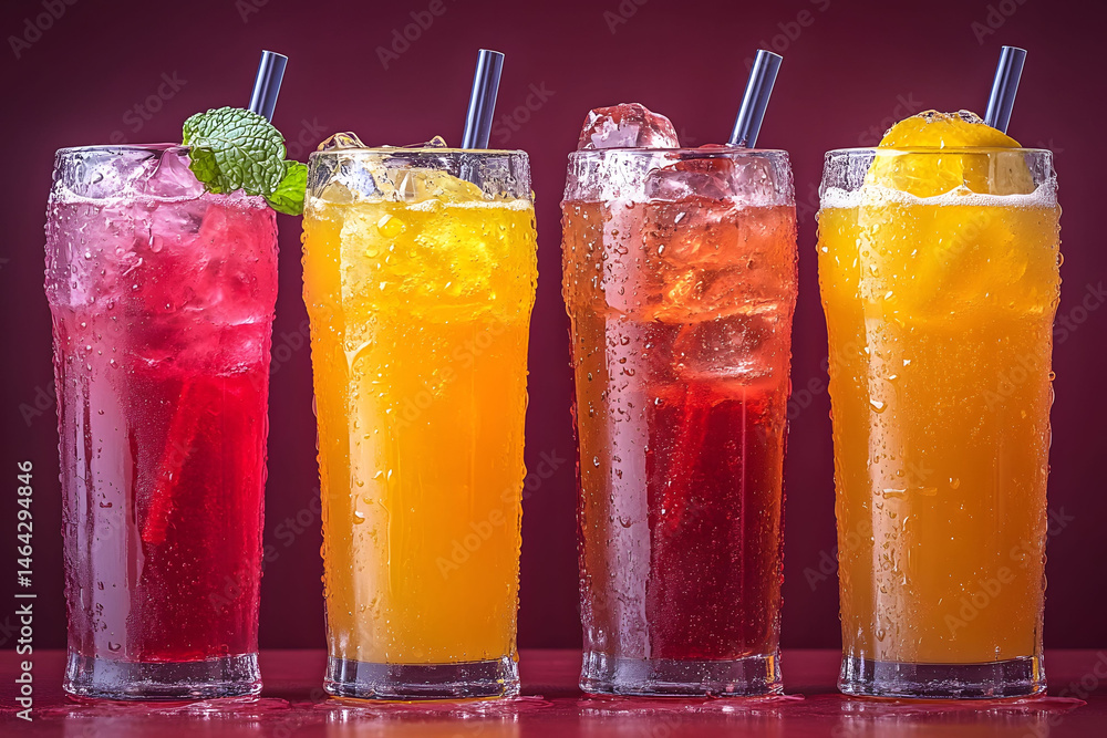 Refreshing Summer Drinks Collection with Ice and Fruit Garnishes for Beverage Photography