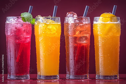 Obraz na płótnie Refreshing Summer Drinks Collection with Ice and Fruit Garnishes for Beverage Photography w salonie