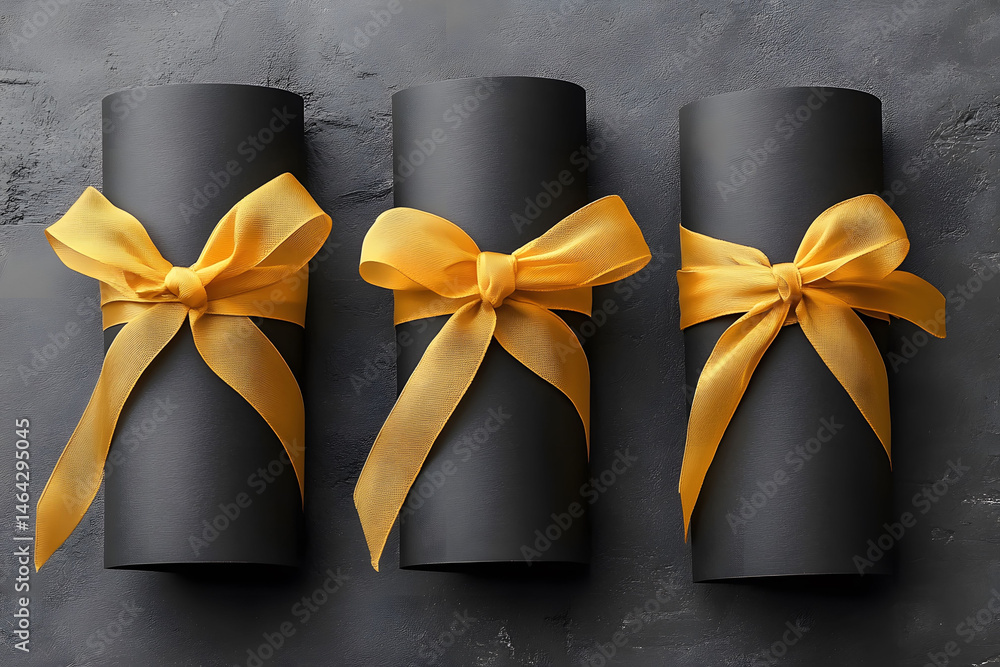 Elegant Black Cylinders with Gold Bows for Luxurious Gift Presentation