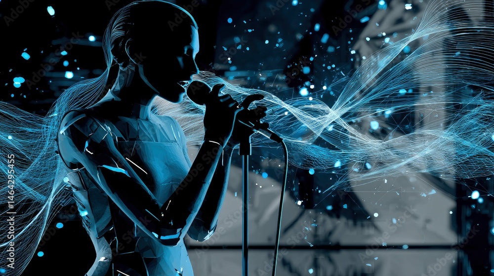 Fototapeta premium Silhouette figure singing into a microphone with digital light effects.