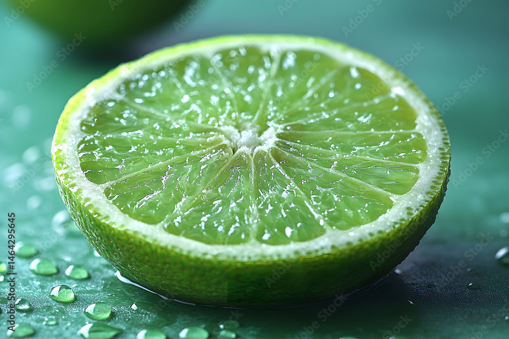 Fresh Lime Slice with Water Droplets on Green Background for Refreshing Concepts