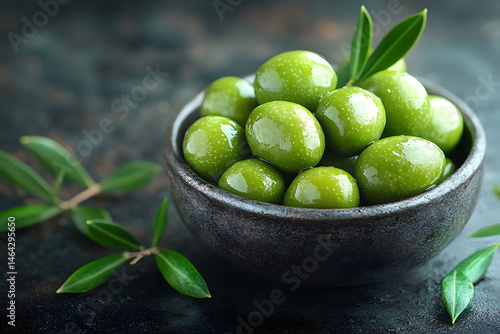 Obraz na płótnie Fresh Green Olives in Rustic Bowl on Dark Background for Culinary and Design Projects w salonie
