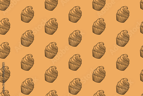 cupcake with swirl dough line art seamless pattern on tan background. tasty cupcake with swirly engraving pattern background. retro muffin sweet desert hatching wallpaper for bakery merchandise