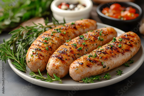 Obraz na płótnie Grilled Herb Sausages on a Plate with Fresh Rosemary and Garnish w salonie