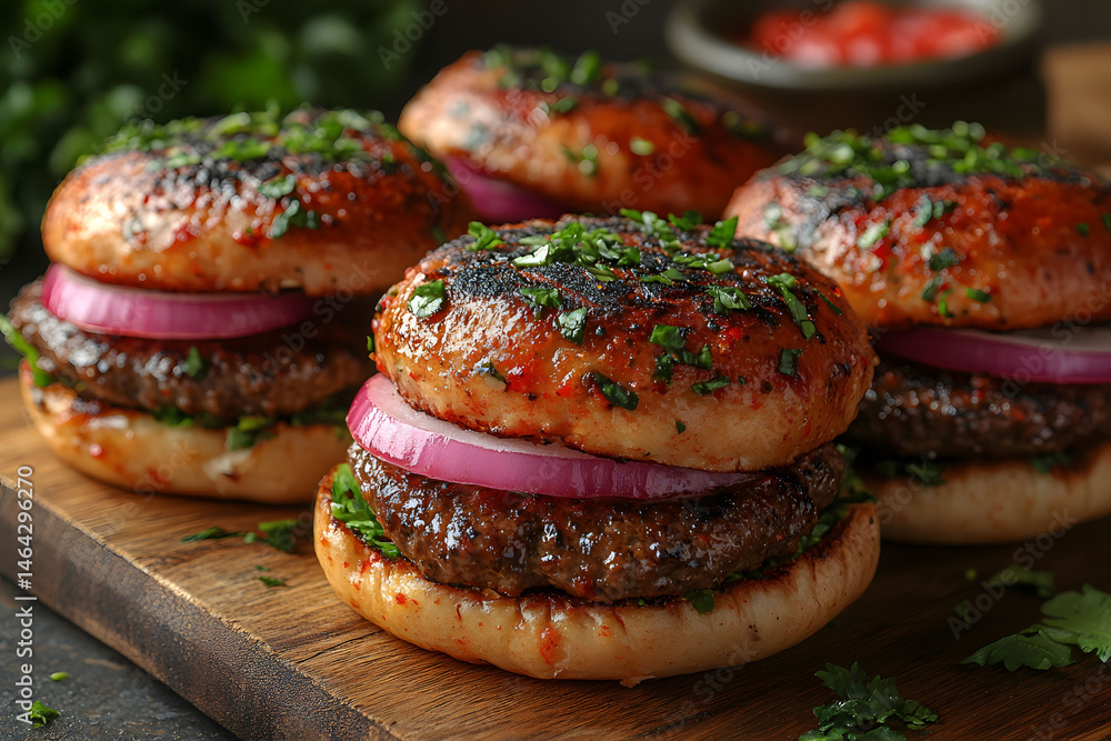 Gourmet Burger Presentation with Seasoned Patties on Wooden Board for Culinary Display
