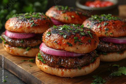 Obraz na płótnie Gourmet Burger Presentation with Seasoned Patties on Wooden Board for Culinary Display w salonie