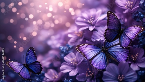Purple butterflies on flowers, magical garden, spring, nature, greeting card