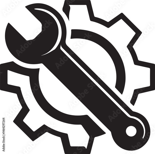 Wrench and gear icon vector silhouette illustration, mechanical gear with wrench symbol, tool and gear design