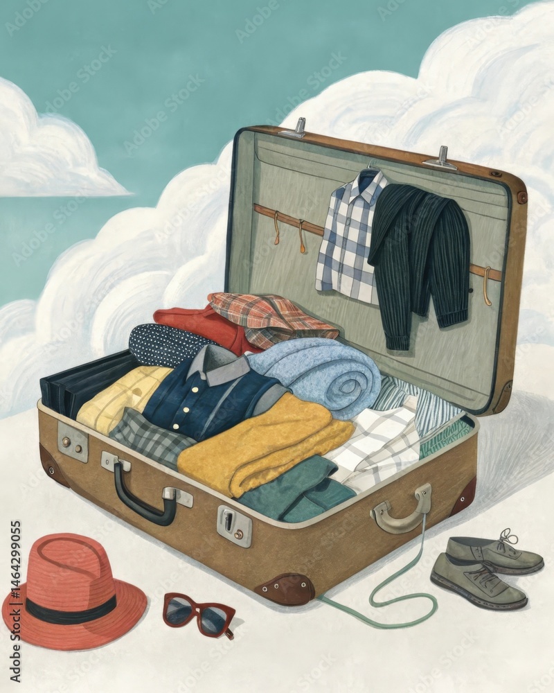 A suitcase overflowing with various clothing styles and accessories signifying the exploration of different identities roles and personal expressions.