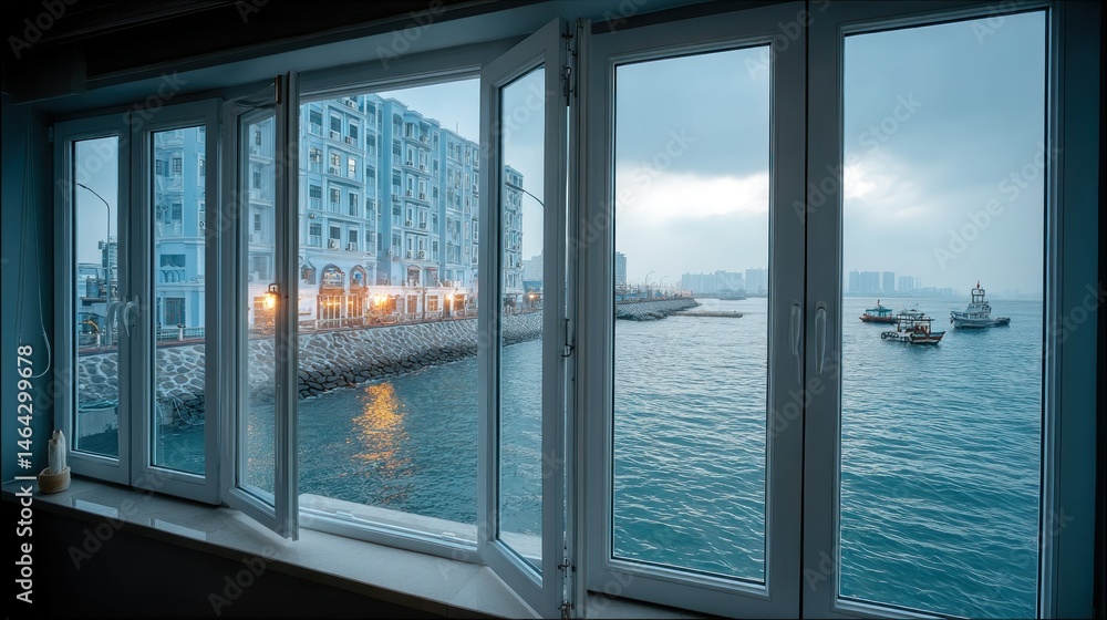 Obraz premium Window view to city by sea