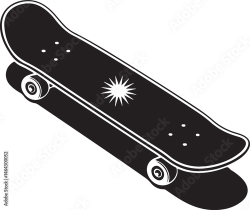 Black skateboard with wheels and a sun graphic, ideal for extreme sports, youth culture, and urban themes
