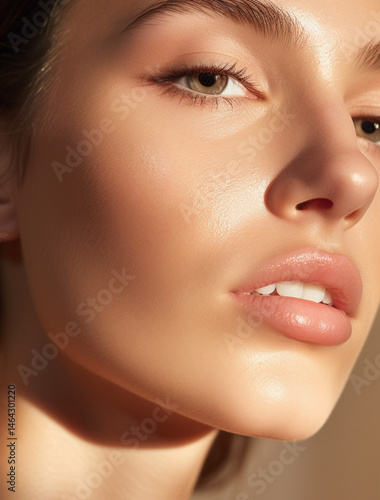 close-up of a woman’s glossy lips and soft jawline,glowing dewy skin,natural makeup, golden hour light reflecting off skin,soft shadows,blurred pastel background,feminine and ethereal beauty