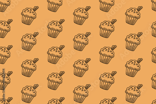 cupcake with sparkle and wafer stick line art seamless pattern on tan background. tasty cupcake cake engraving pattern background. retro muffin sweet desert hatching wallpaper for bakery merchandise