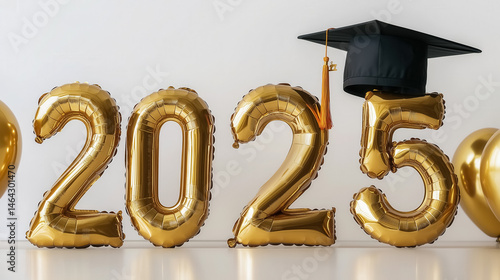 Graduation theme with a black academic cap and golden foil number balloons 2025