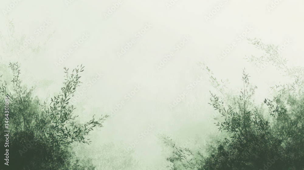 Misty green forest foliage, peaceful scene, nature background, ideal for cards Misty green forest foliage, peaceful scene, nature background, ideal for cards