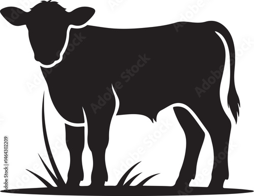 Standing baby cow silhouette on grass ideal for farm agriculture and livestock designs