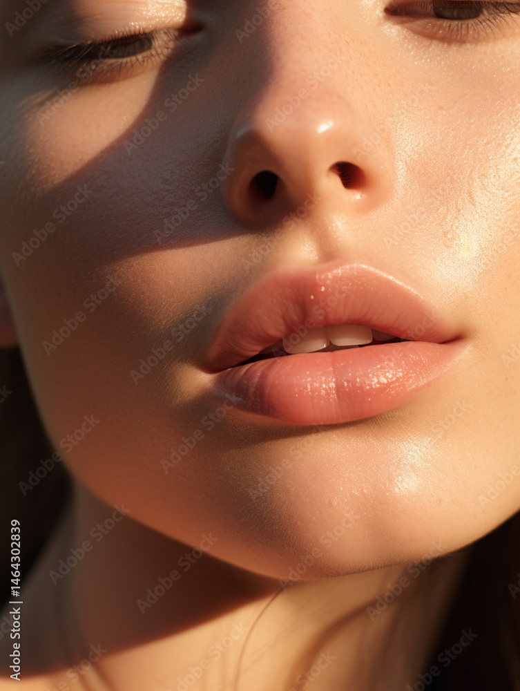 close-up of a woman’s glossy lips and soft jawline,glowing dewy skin,natural makeup, golden hour light reflecting off skin,soft shadows,blurred pastel background,feminine and ethereal beauty