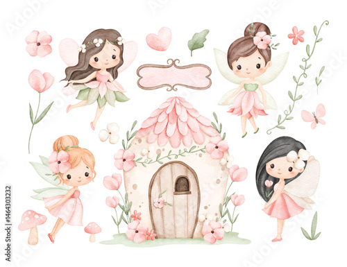 Watercolor Illustration Set of Beautiful Garden Fairy with Fairy House and Floral Elements