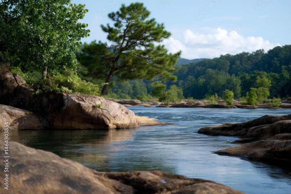 Fototapeta premium Scenic River Flowing Through Rocky Landscape with Lush Green Forest