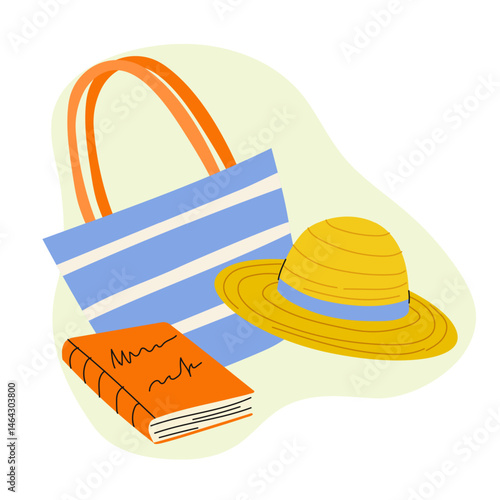 Beach essentials including a tote bag, hat, and book for a relaxing summer day