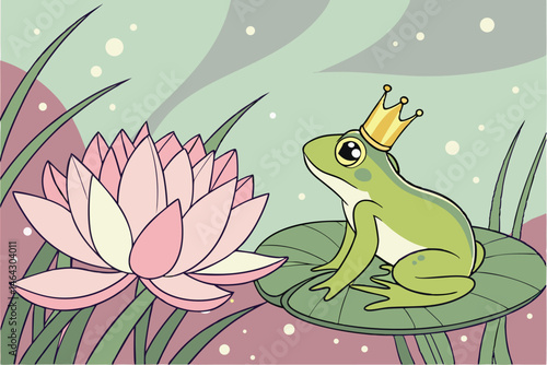 45 Green tree frog, golden crown, pink lotus flower, water lily pad, bokeh background, dewdrops, fairy tale atmosphere, whimsical, nature photography, macro shot, soft lighting, dreamy, pastel colors,