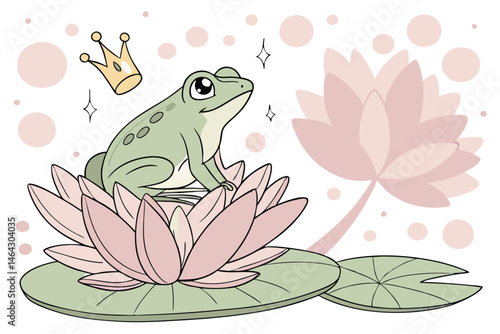 45 Green tree frog, golden crown, pink lotus flower, water lily pad, bokeh background, dewdrops, fairy tale atmosphere, whimsical, nature photography, macro shot, soft lighting, dreamy, pastel colors,
