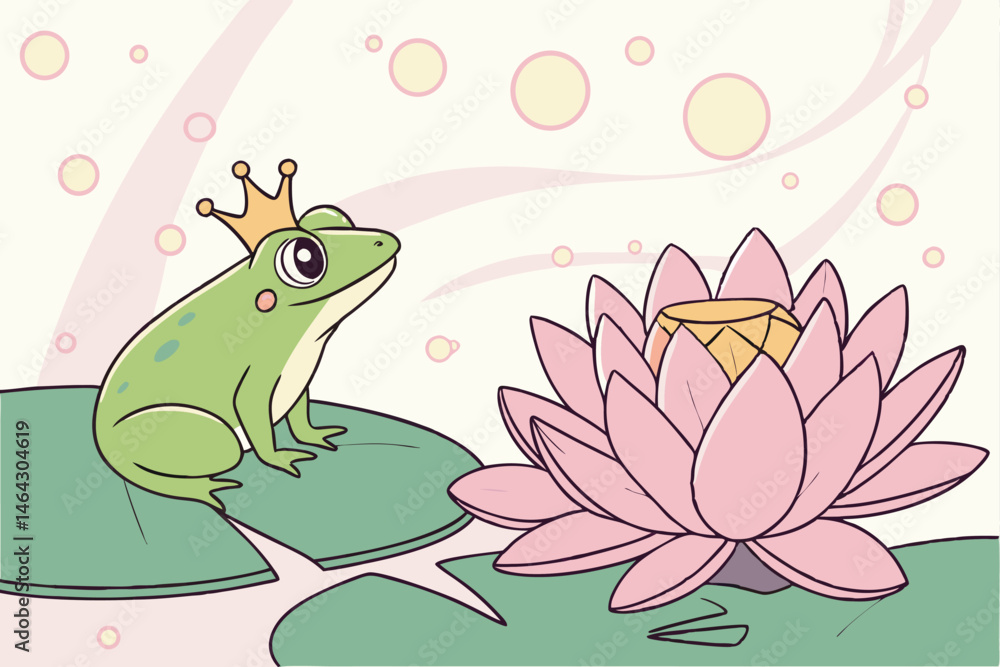 Fototapeta premium 45 Green tree frog, golden crown, pink lotus flower, water lily pad, bokeh background, dewdrops, fairy tale atmosphere, whimsical, nature photography, macro shot, soft lighting, dreamy, pastel colors,