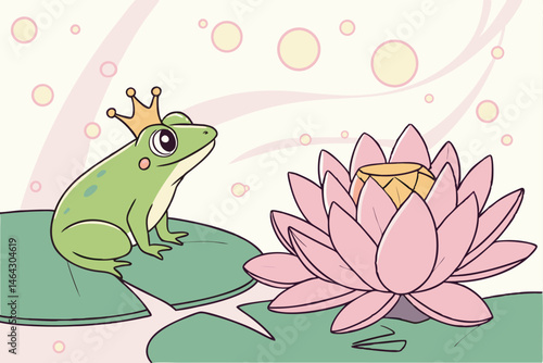 45 Green tree frog, golden crown, pink lotus flower, water lily pad, bokeh background, dewdrops, fairy tale atmosphere, whimsical, nature photography, macro shot, soft lighting, dreamy, pastel colors,