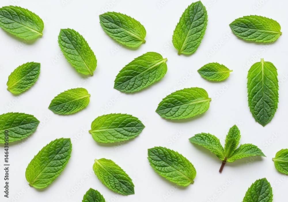 Fresh mint leaves scattered on a white surface, displaying vibrant green color and natural texture in an overhead shot Fresh mint leaves scattered on a white surface, displaying vibrant green color and natural texture in an overhead shot