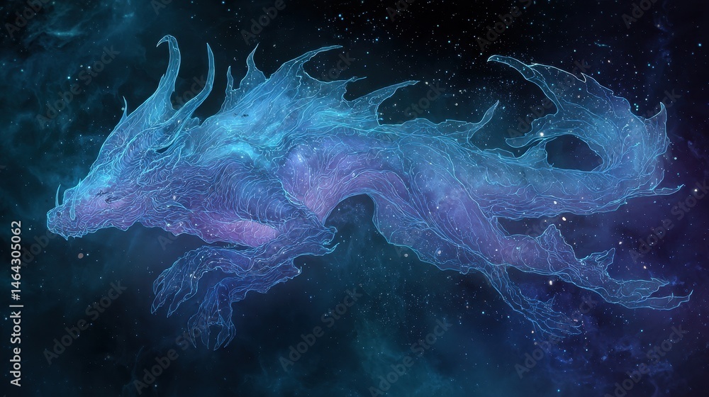 Cosmic, ethereal dragon creature in deep space. Cosmic, ethereal dragon creature in deep space.