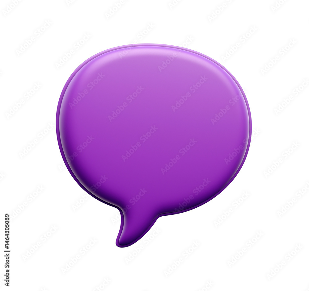 Vibrant purple glossy speech bubble with smooth surface transparent image. Blank talk balloon isolated cutout 3d render. Communication chat cut out clipart design element png
