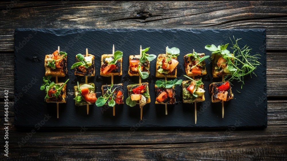 Fototapeta premium Canaps arranged symmetrically on a black slate serving plate