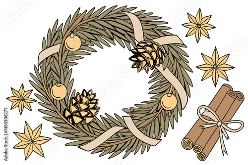 46 Christmas wreath, pine branches, pinecones, gold ornaments, cinnamon sticks, star anise, golden stars, festive decoration, circular design, natural materials, holiday spirit, warm tones, intricate 