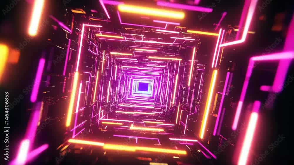 Vibrant neon tunnel with glitch-style animation in purple, orange, and pink tones. Great for cyberpunk, VJ loops, or high-energy digital media projects.

