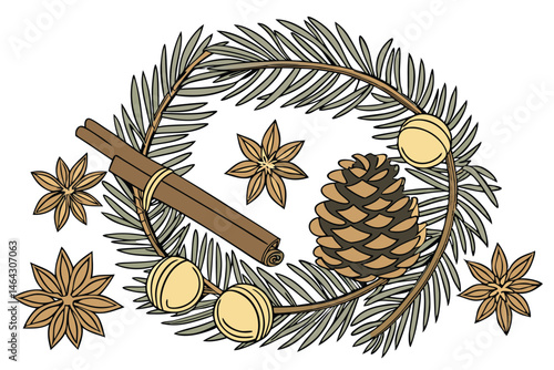 46 Christmas wreath, pine branches, pinecones, gold ornaments, cinnamon sticks, star anise, golden stars, festive decoration, circular design, natural materials, holiday spirit, warm tones, intricate 